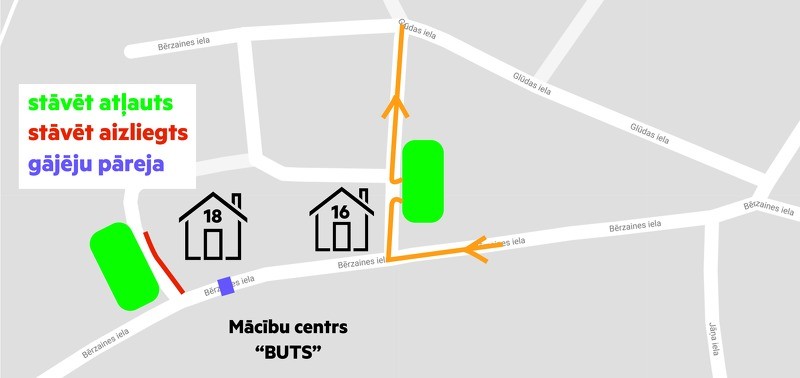 Informācija par transporta satiksmi pie Mācību centra "Buts" un Bērzaines ielas 18
