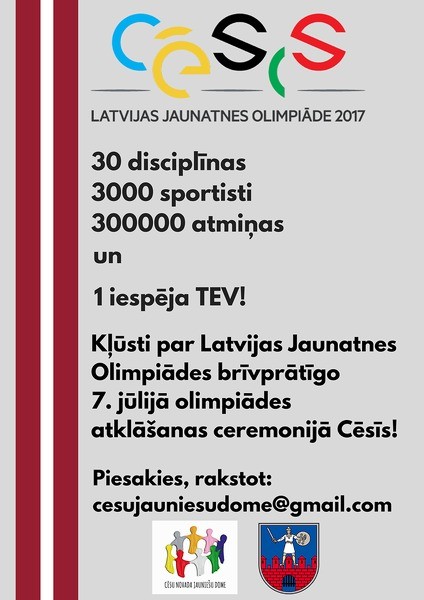 Jauniešus aicina kļūt par brīvprātīgajiem Latvijas Jaunatnes olimpiādes atklāšanā
