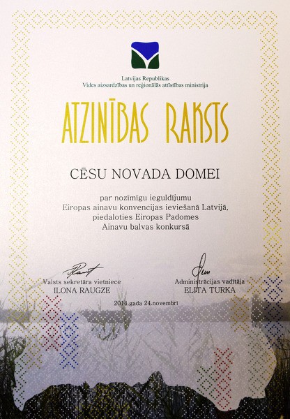 Cēsu novadam atzinība par kvalitatīvu ainavu