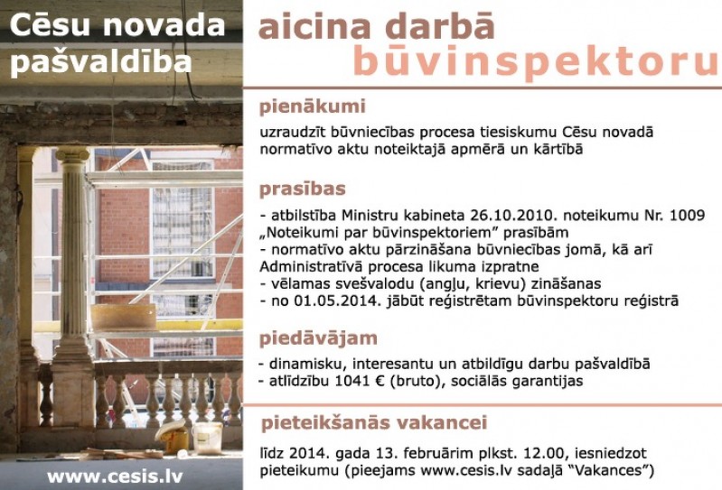Aicina darbā būvinspektoru