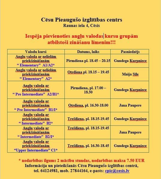 Iespēja pievienoties angļu valodas kursu grupām atbilstoši zināšanu līmenim