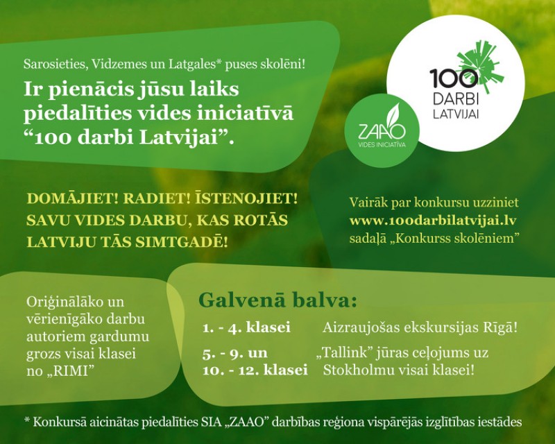 Vides iniciatīvas „100 darbi Latvijai” skolu konkurss notiks arī šajā mācību gadā