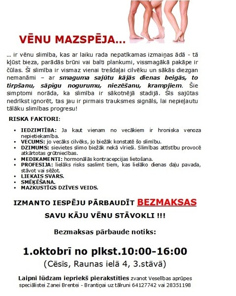 Aicinām pieteikties bezmaksas kāju vēnu pārbaudei