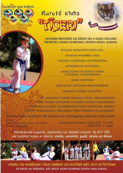 Karatē klubs "TĪĢERI" aicina uz treniņiem vecumā no 5 gadu vecuma