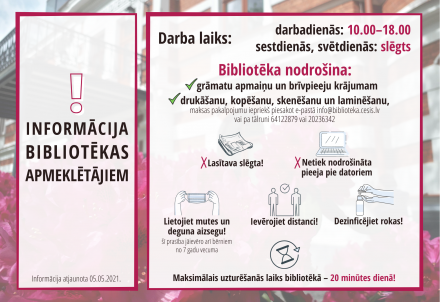 Cēsu centrālā bibliotēka atvērta klātienes apmeklējumam