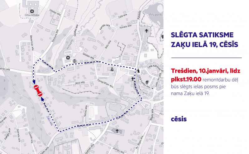 Slēgta satiksme Zaķu ielā 19, Cēsīs