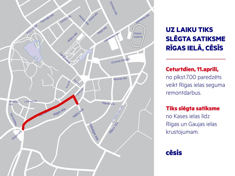 Uz laiku tiks slēgta satiksme Rīgas ielā, Cēsīs