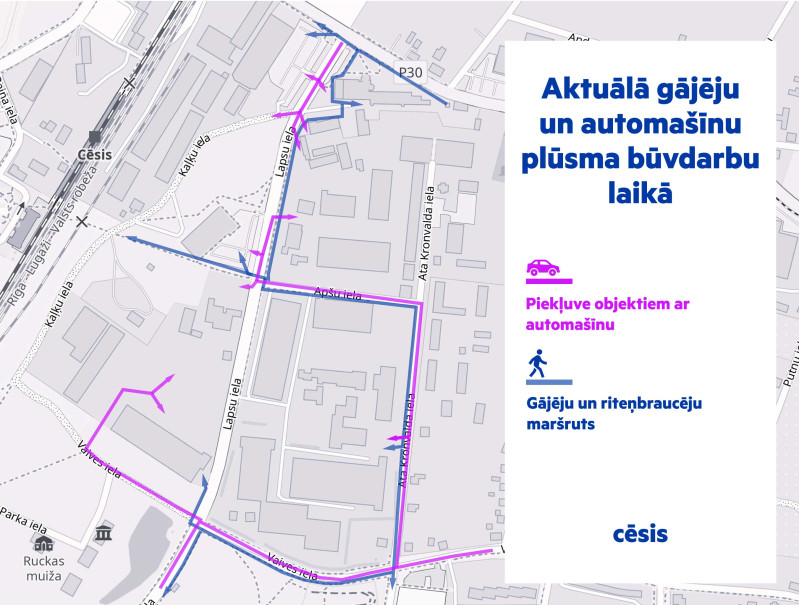 Aktuālā gājēju un auto plūsma Lapsu ielas būvdarbu laikā