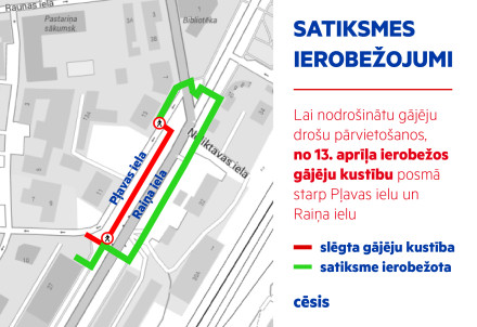 No 13. aprīļa ierobežos gājēju kustību starp Pļavas ielu un Raiņa ielu